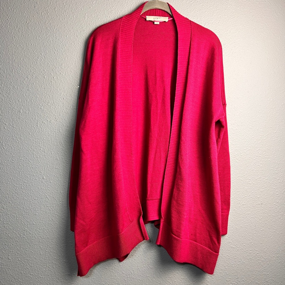 LOFT WomensFuchsia Pink Open Front Wool Blend Cardigan Sweater Small Ribbed Trim